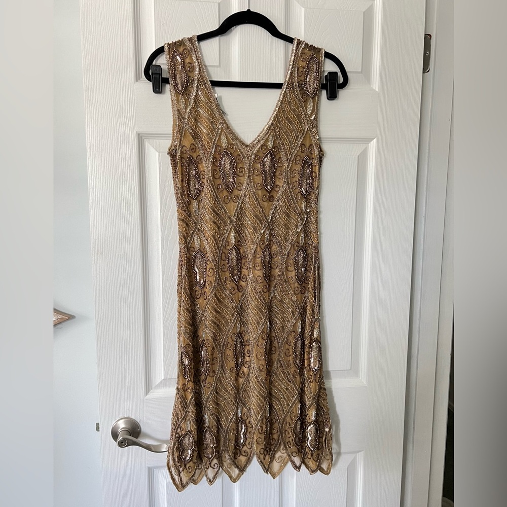 1920 Style Hand Beaded Dark Gold Dress